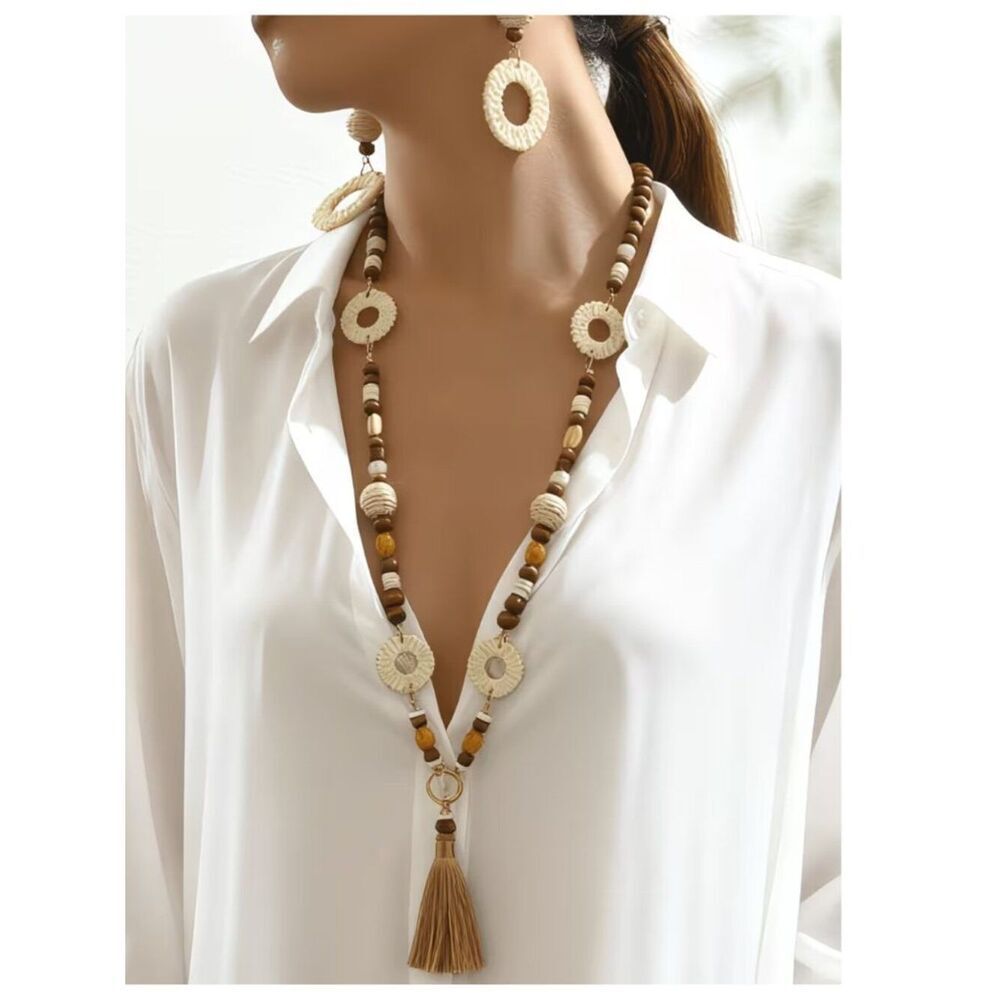NWT Boho Y-Shape Beaded Tassel Necklace Matching Hoop Earrings Vacation Vibe